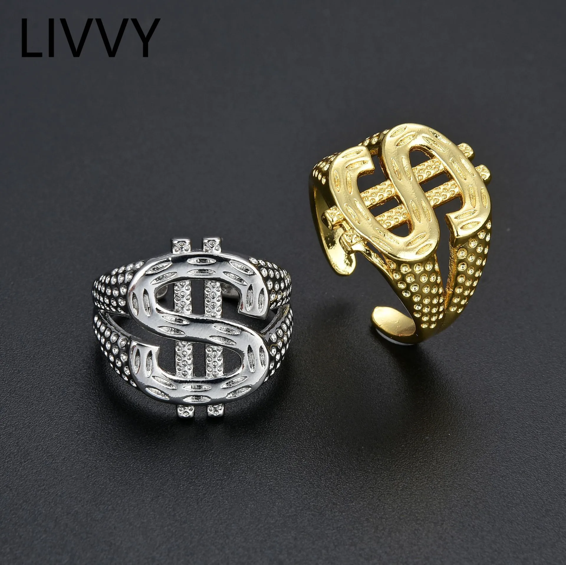 LIVVY Silver Color Classic US Dollar Sign Wide Concave-Convex  Ring for Women Men Trendy Hip Hop   Personality Jewelry Gift