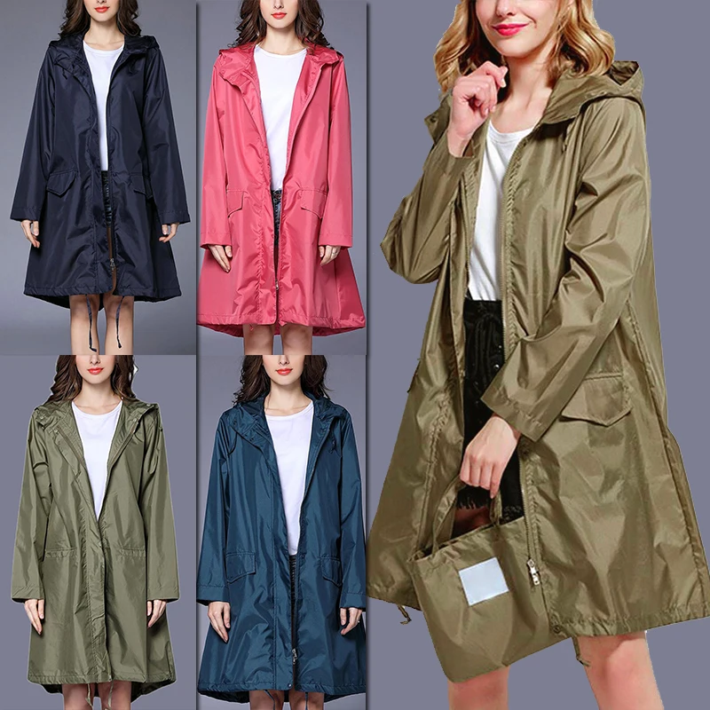 Women Raincoat Waterproof Rainwear Men Hooded Rain Coat Solid Color Portable Outdoor Zipper Long Poncho Rain Jacket Cover