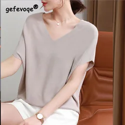 2023 Summer Solid Color Fashion Clothes Ladies V-neck Batwing Sleeve Pullover Tops Women Loose Elegant Knitting T-shirt