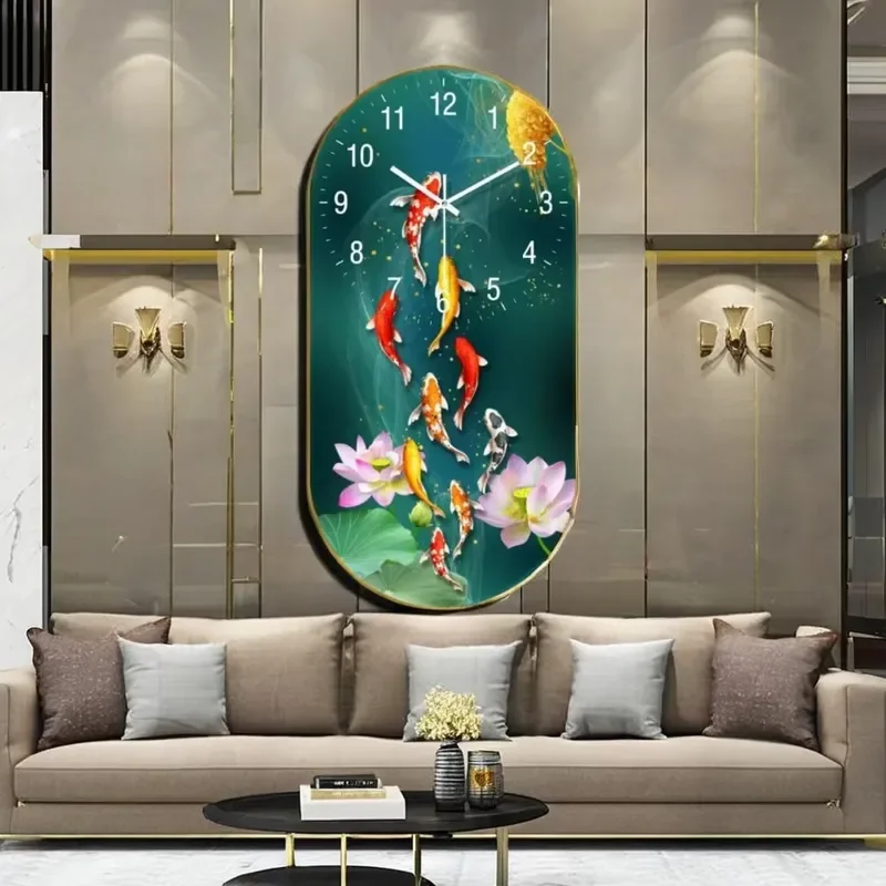 Luxury Oval Crystal Porcelain Wall Clock Creative Printing Bell Shape Home Decor Art for Restaurant Living Room Elegant