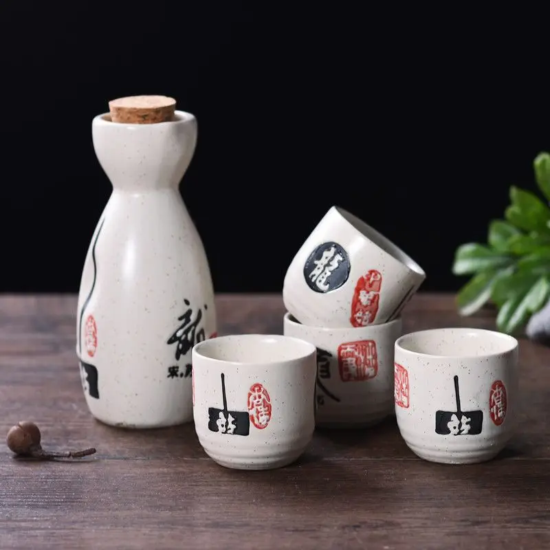 Vintage Ceramic Sake Pot Cups Set Characters Poem Japanese Cuisine Sake Bottle Spirit Pot Set with Cups