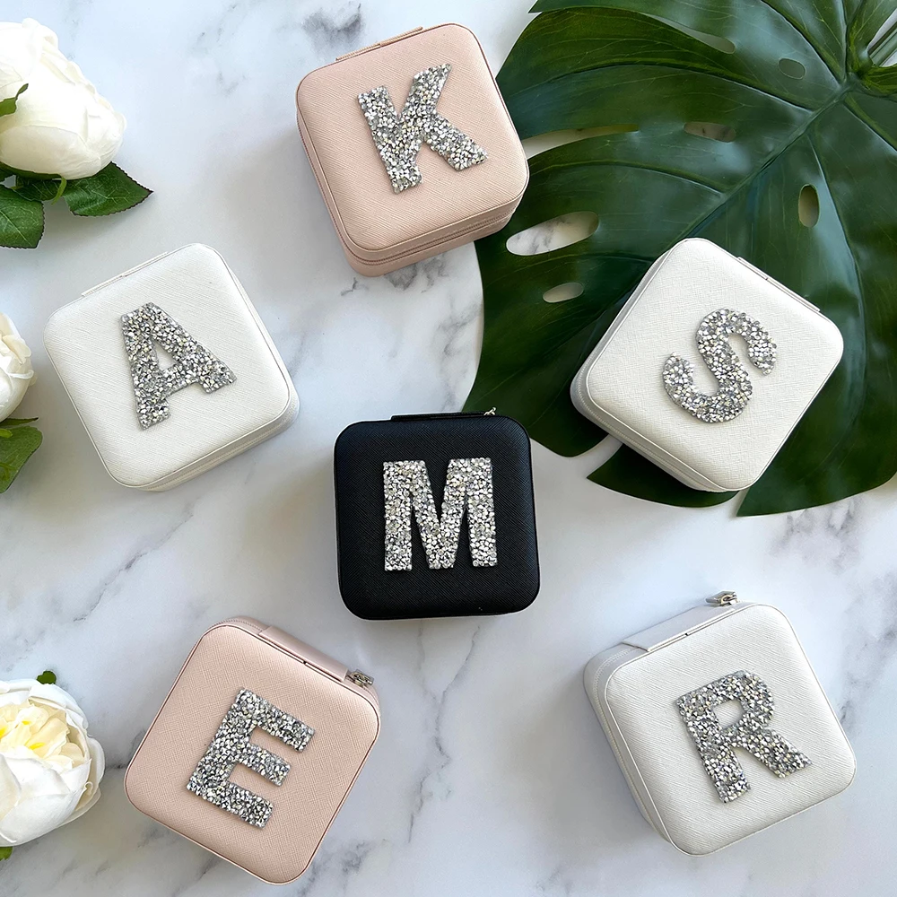 Personalized Rhinestone Initial Jewelry Box Travel Jewelry Case Mother\'s Day / Birthday / Holiday Gifts for Her Bridesmaid Party