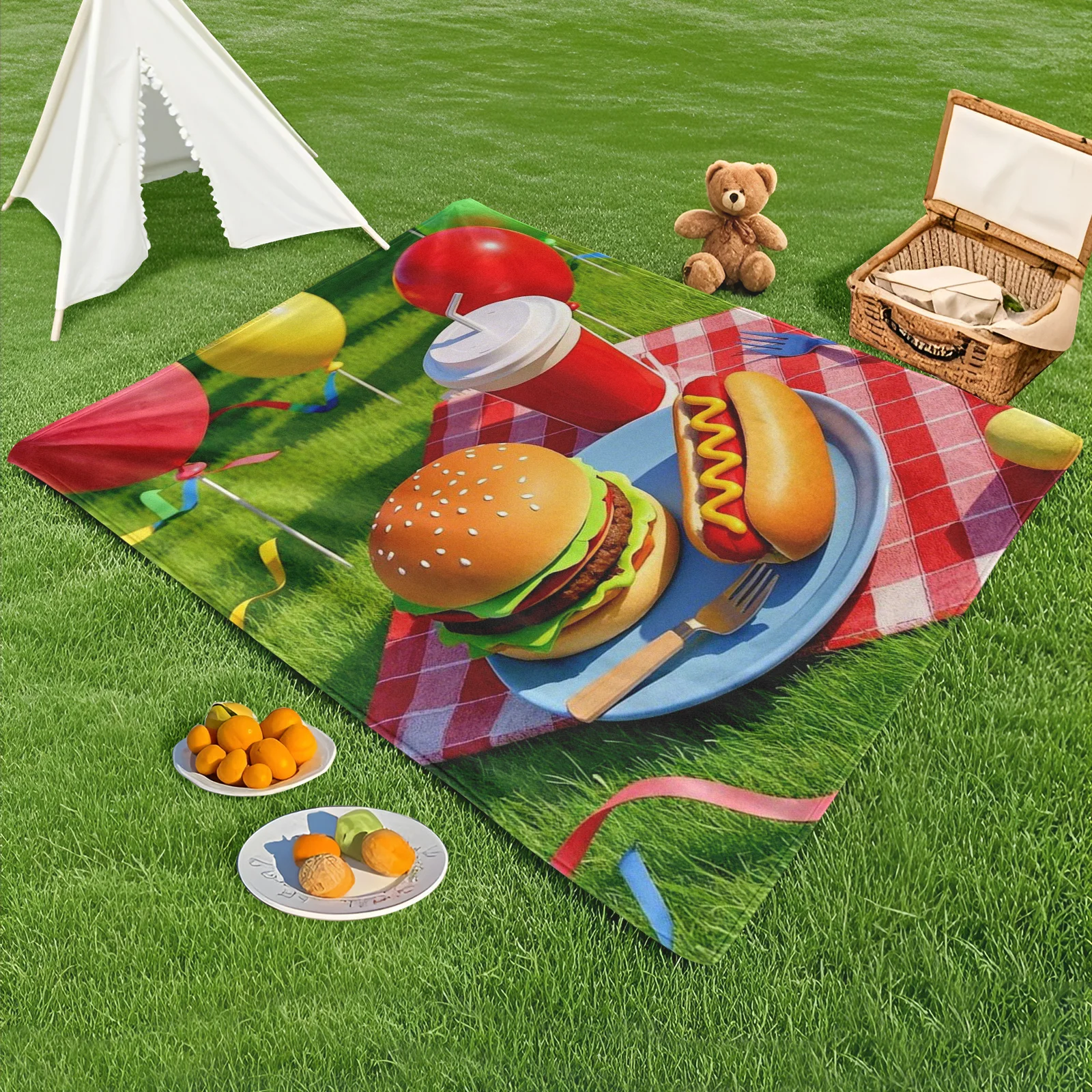 Burger Hot Dog Picnic Balloon Outdoor Blanket For Camping Adventure Warm Durable Design Family