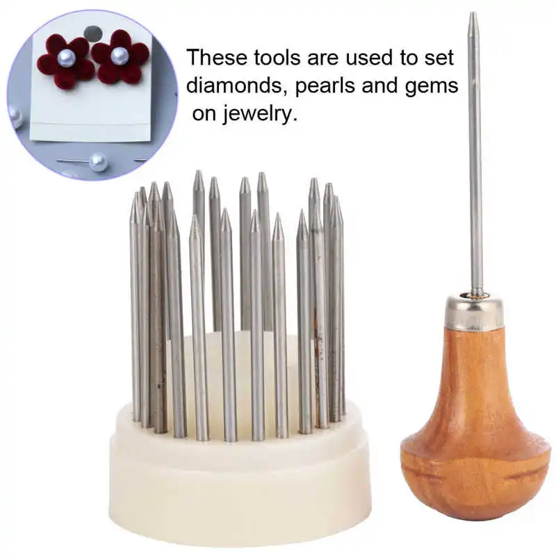 23pcs Metal Beading Grain Jewelry Tools Set Diamond Stone Beads Setting Graver Beader Tool with Graver Wood Handle for Goldsmith