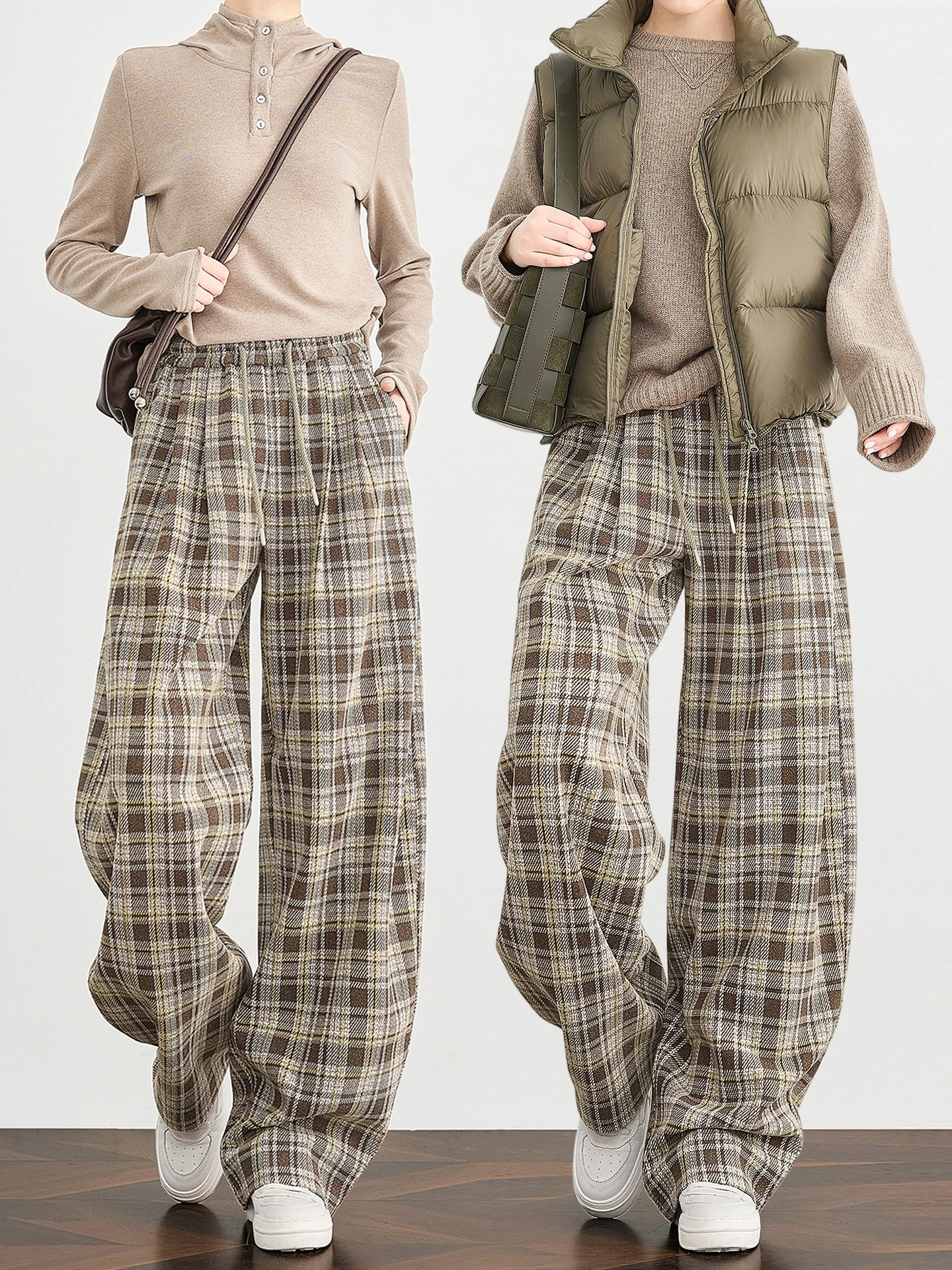 

Женские винтажные брюки TUMPUS в клетку с высокой талией, широкими штанинами, свободного кроя, повседневные, из полиэстера