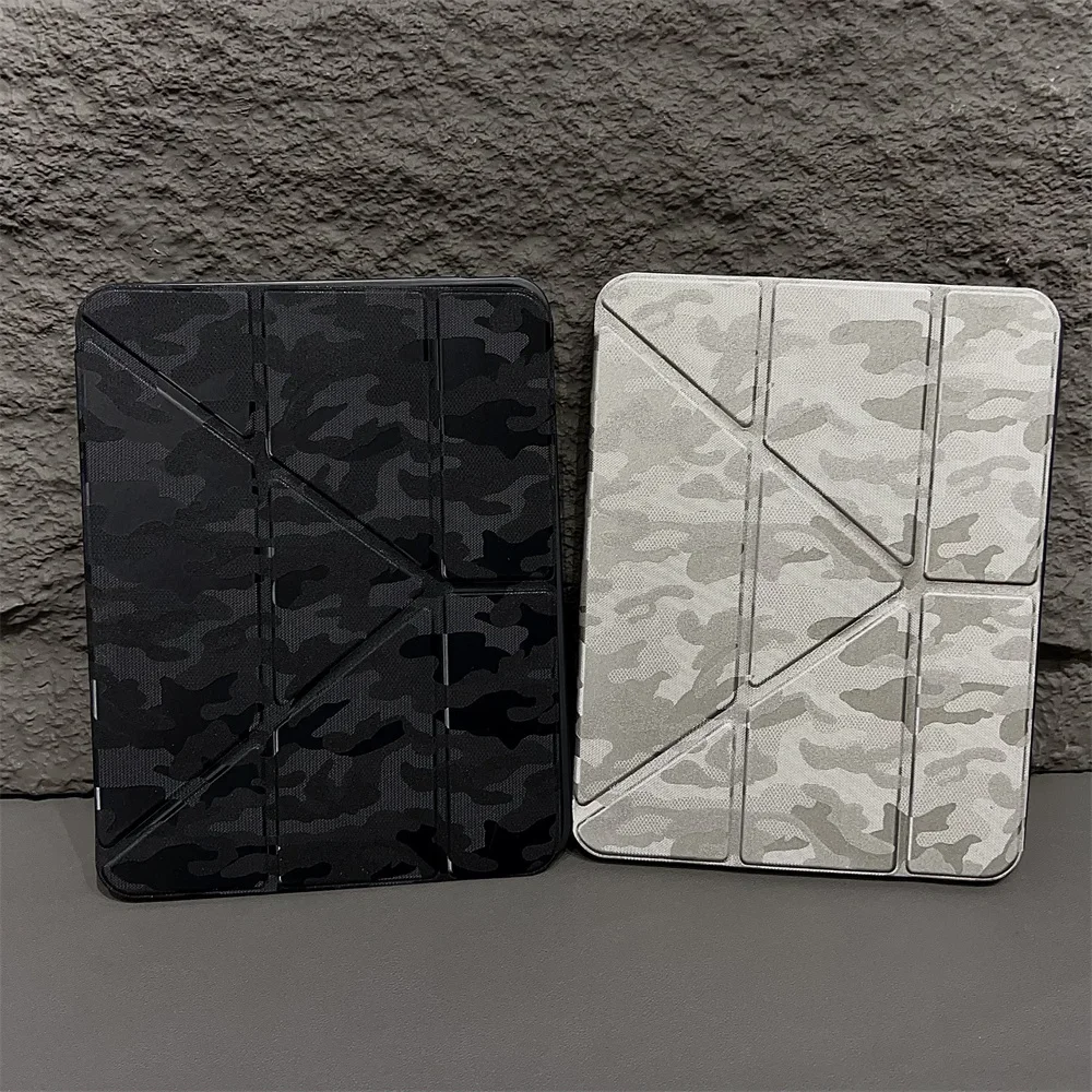 Camouflage 3 Y Fold iPad Case with for Pro 13 12.9 11 2024 Air 13 10.9 10.2 Mini 6 7 10th 11th Gen Cover Clear Back Pen Holder