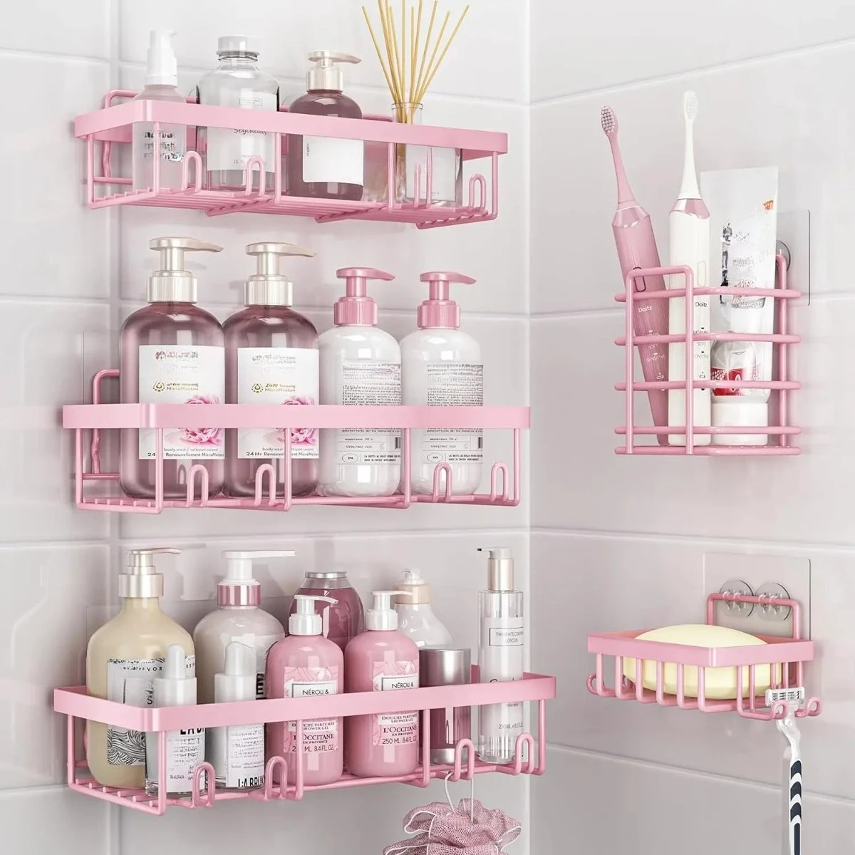 Duschablage ohne Bohren, selbstklebend, 5er-Pack, Badezimmer-Aufbewahrungsregal, Edelstahl, rostfrei, wasserdicht, Wandorganizer