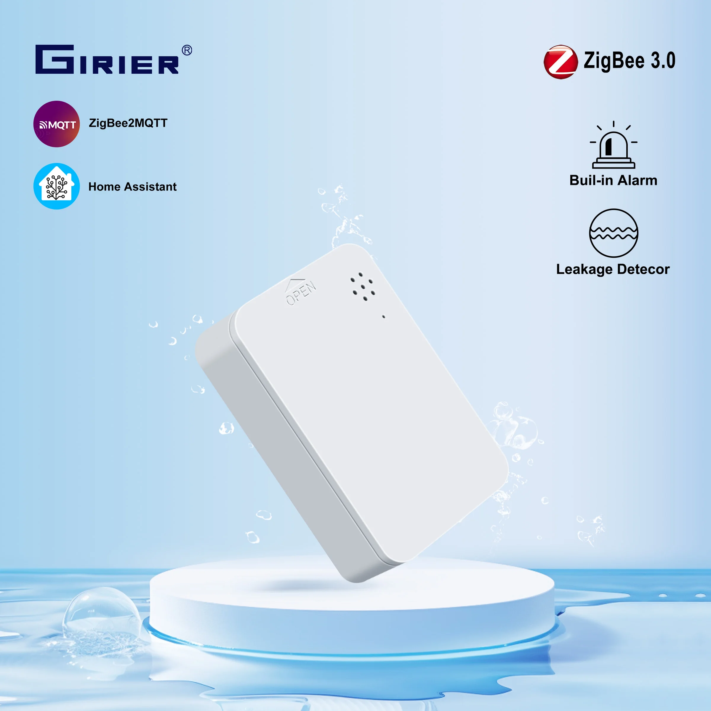 

GIRIER ZigBee 3.0 Water Leak Sensor Smart Leakage Detector Built-in Smart Siren 85dB Alarm Work Home Assistant for Home Security