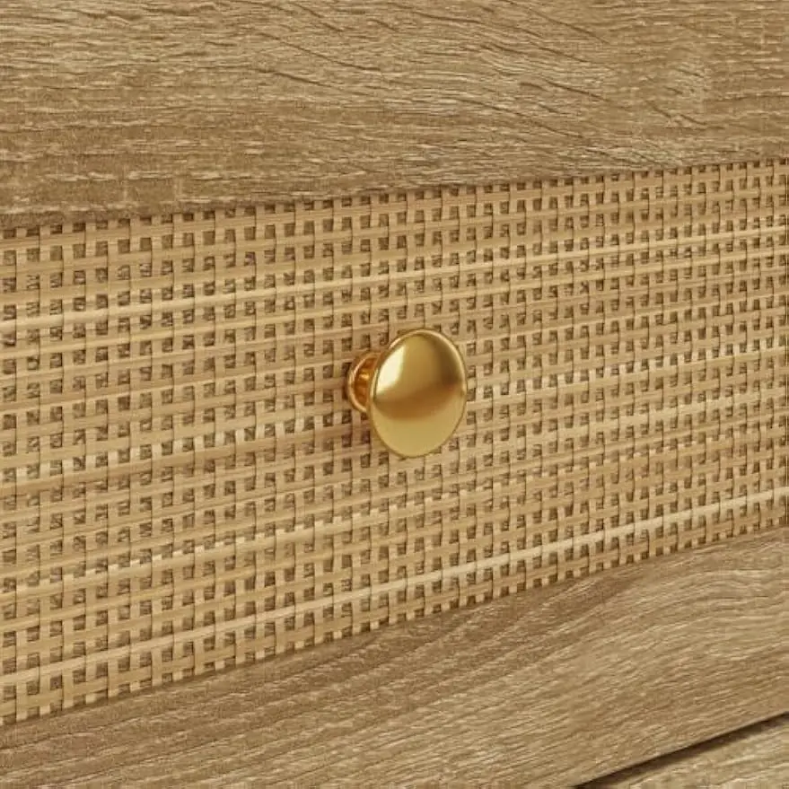 Coffee Table with Drawer & Open Shelf, Central Table Living Room Table with Solid Wood Legs, Rattan Drawer Surface