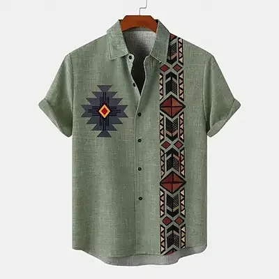 2024 Comfortable Bamboo Linen Retro Ethnic Totem Print Men\'s Short Sleeve Shirt Hawaiian Casual Loose Handsome Lapel Men\'s Tops