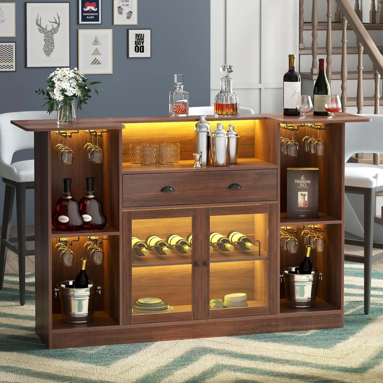 Mobile Bar con LED e Cassetto, Mini Bar con 8 Ripiani e Portabicchieri, Supporto per Vino e Alcolici, Personalizzabile