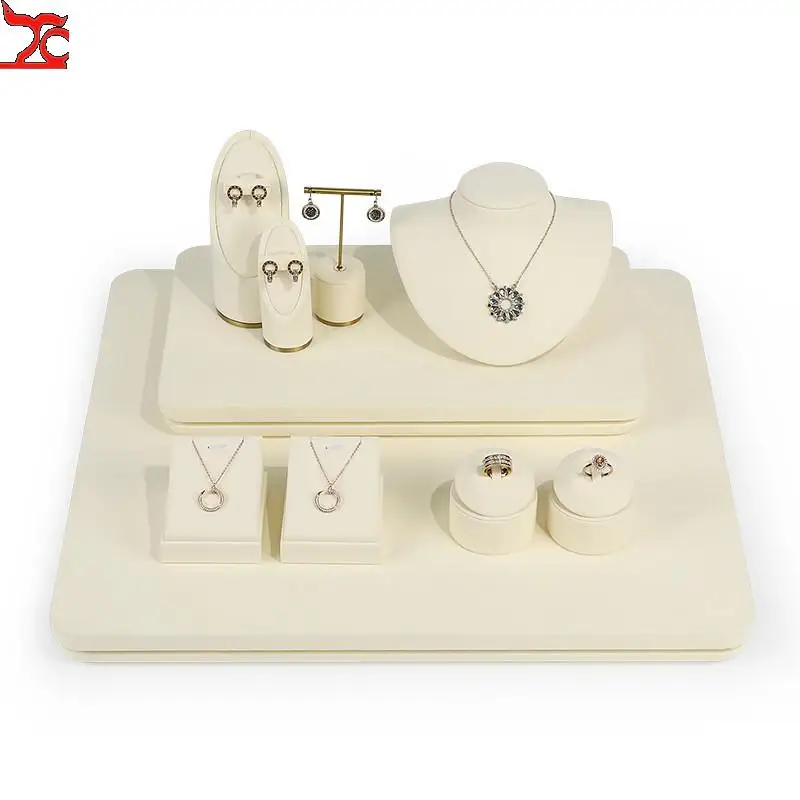 

White Microfiber Necklace Display Rack Ring Pendant Bracelet Jewelry Display Prop Counter Display Rack Exhibition Set