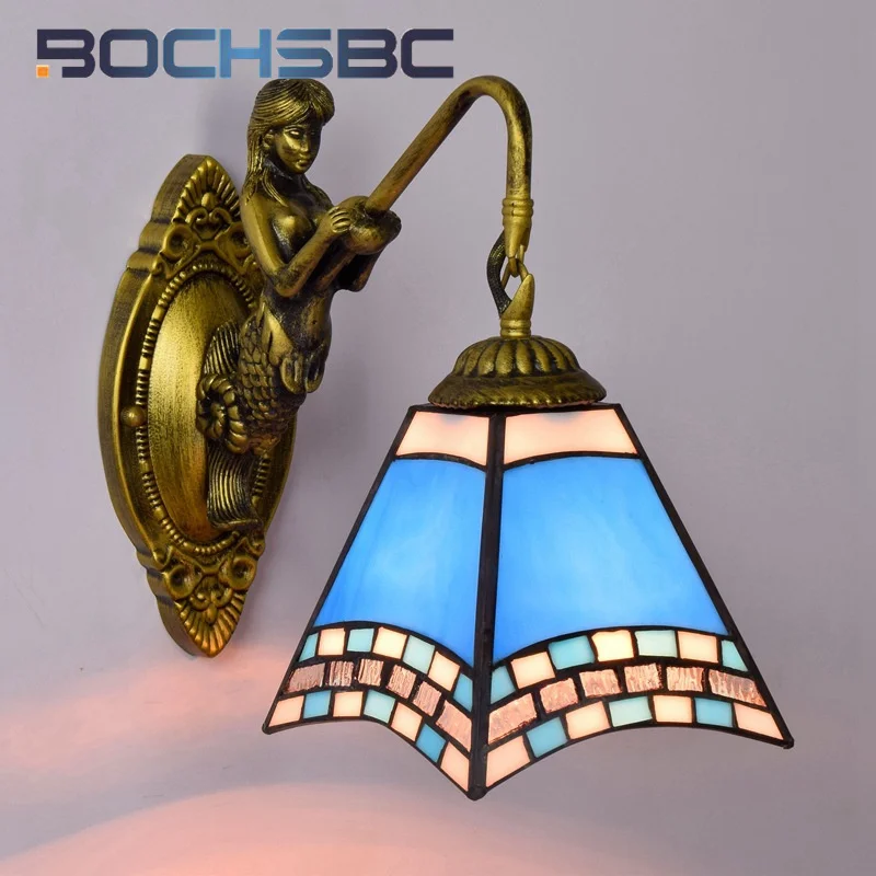 

BOCHSBC Tiffany style retro stained glass Mediterranean blue sconce light Restaurant bedroom bed wall lamp bar aisle LED decor