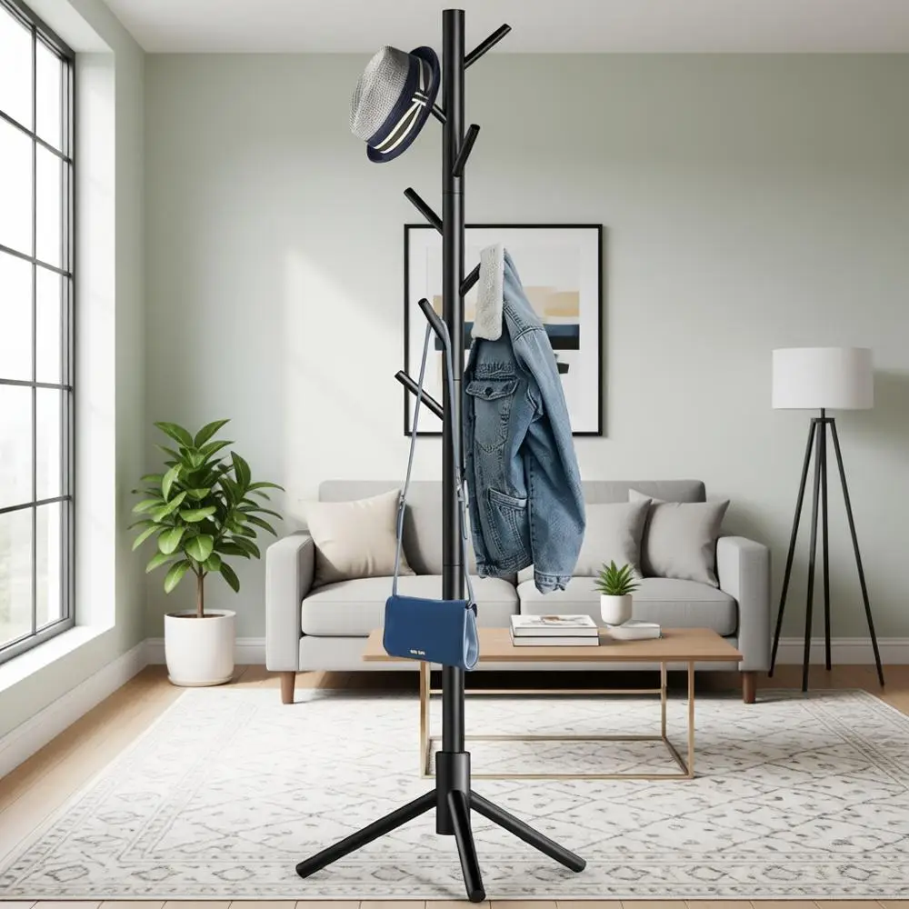 

Прочная деревянная вешалка для одежды с 8 крючками, регулируемая по высоте для взрослых и детей, подходит для прихожей, спальни, офиса и хранения вещей.