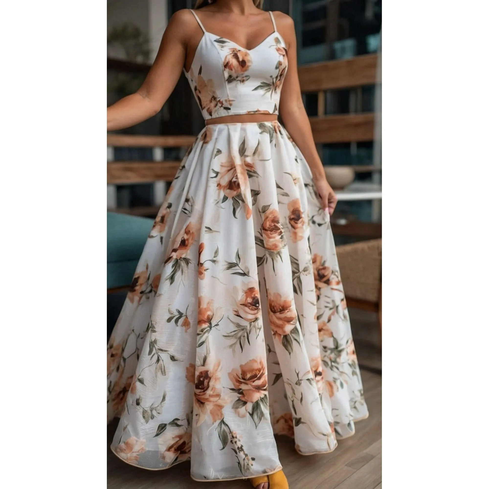 

Floral Print Spaghetti Strap Crop Top + High Waist Maxi Skirt Two Piece Formal Dress