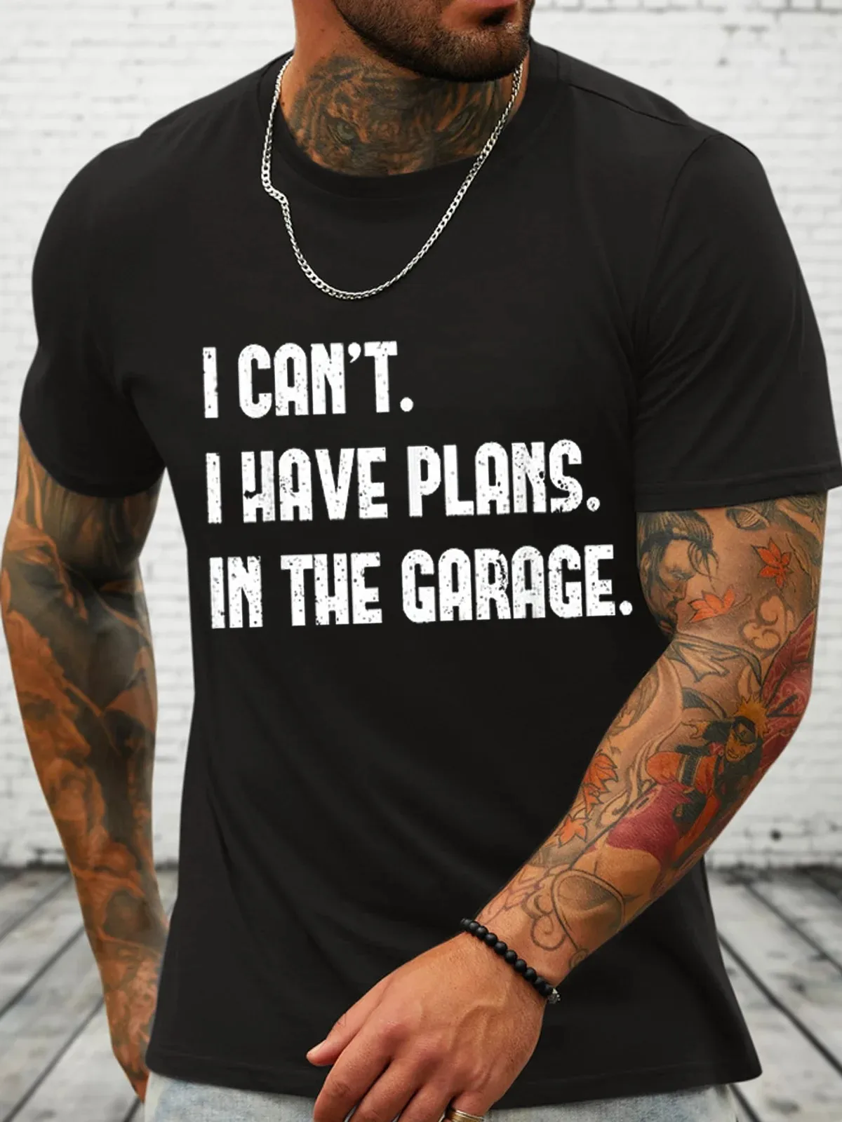 Cotton I Cant I Have Plans In The Garage Fathers Day Car Mechanics Text Letters Crew Neck Casual T-Shirt