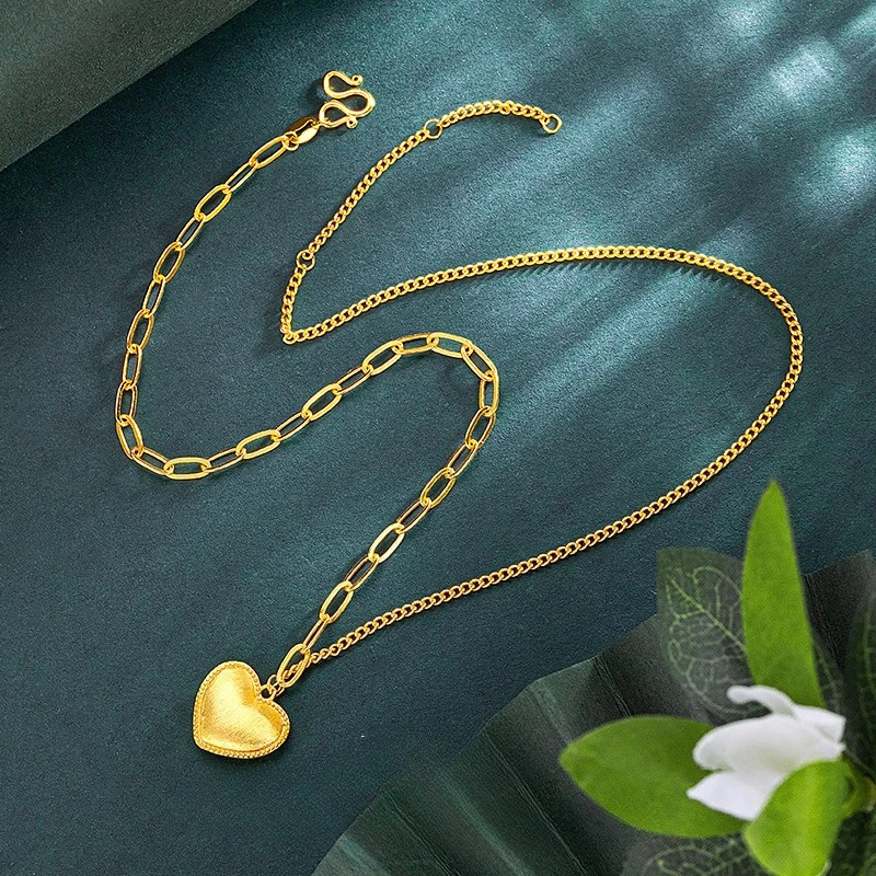 

Fashion 18kt Gold Color O Chain Frosted Love Heart Pendant Necklace for Women Girl Christmas Birthday Wedding Jewelry Gifts