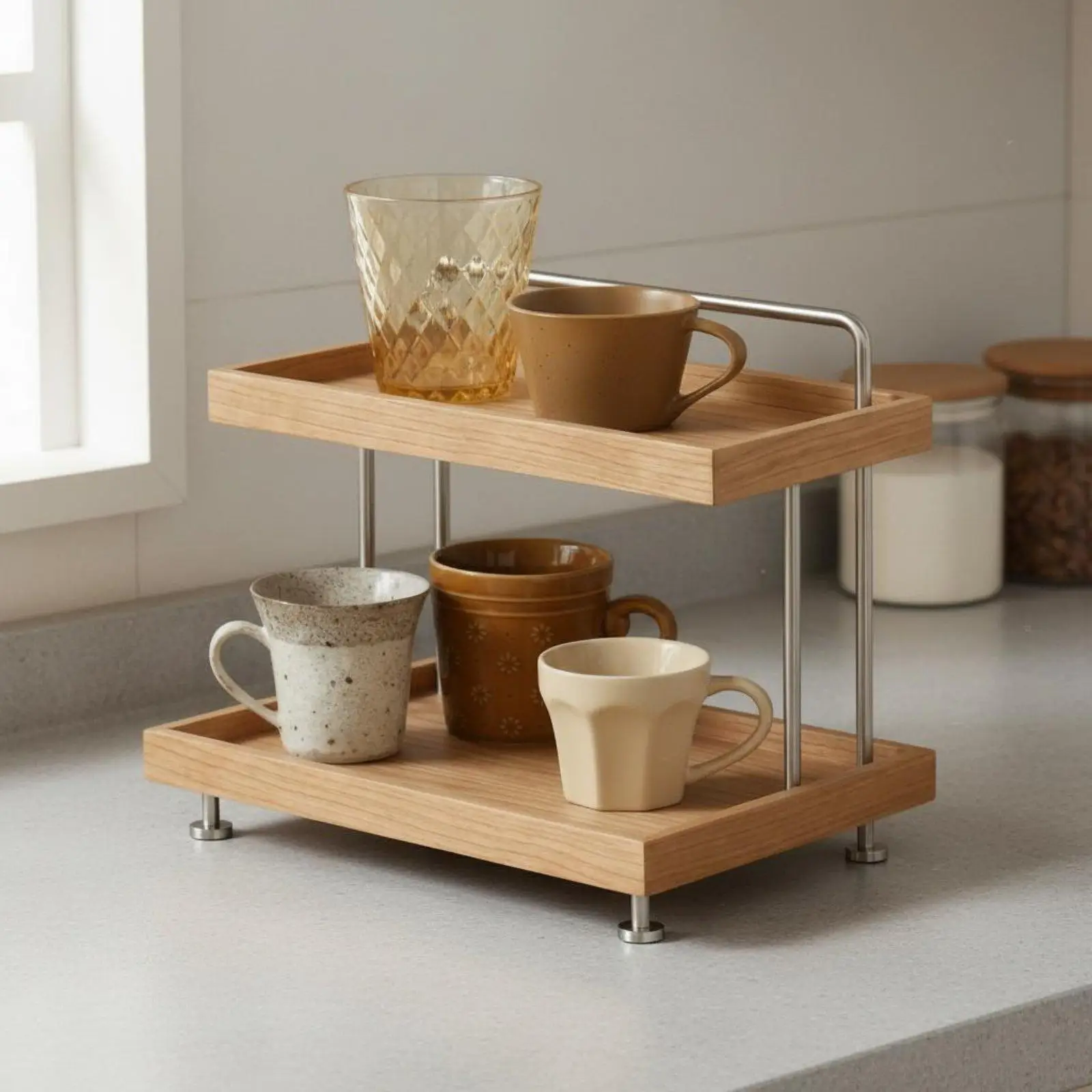Desktop Storage Organizer Multi-Layer 2-Tier Wood Shelf Space Saving for Vanity