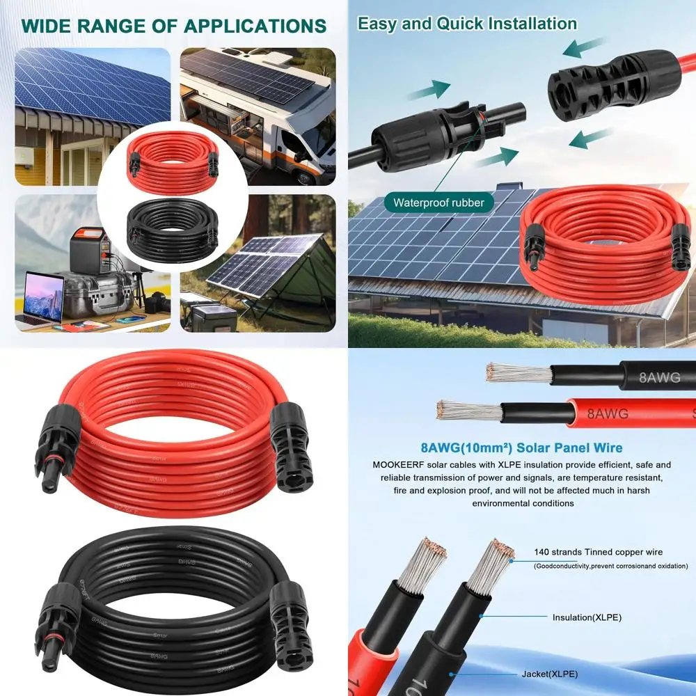 8AWG 20T Red and Black Waterproof Extension Cables for Solar Panels, RVs, Boats, and Home Use (20ft)