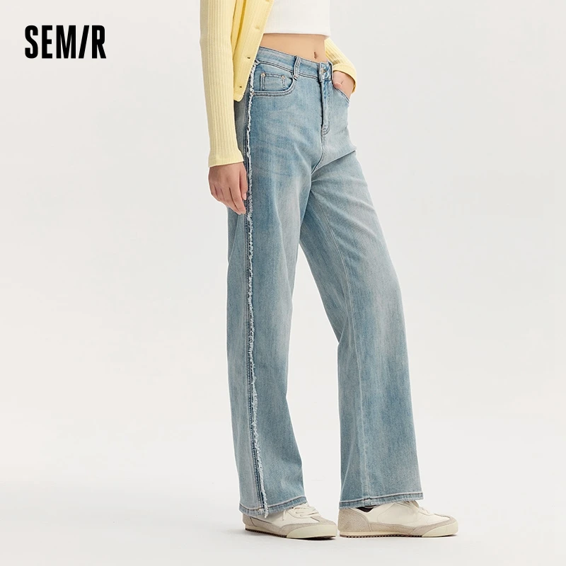 Semir Jeans Women Cool Hong Kong Style Straight-Leg Pants Distressed Retro Street Style Cool Raw Hem Long Pants