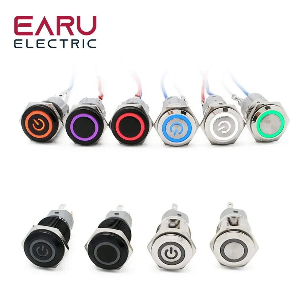 16mm 3-6V 220V Waterproof Metal Push Button Switch LED Light Anodize Oxide Black Momentary Latching Car Engine PC Power Switch