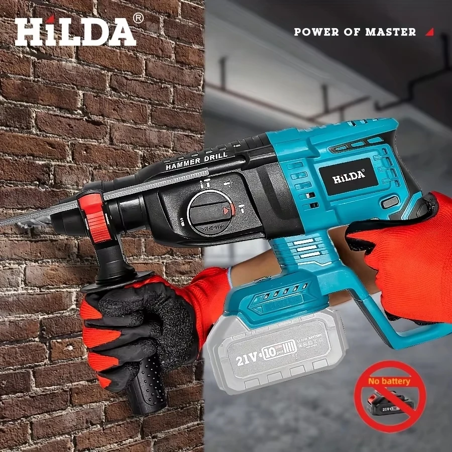 HILDA Brushless Electric Hammer 3 Functions Rotary Hammer Drill 21V Cordless Power Tool For Steel Concrete For Makita Battery