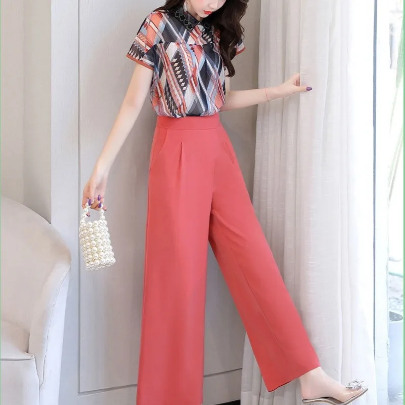Women\'s Pullover Patchwork Lace Printed Short Sleeve Chiffon Tops Summer New Solid Wide Leg Pants Slim Fashion Two-piece Sets