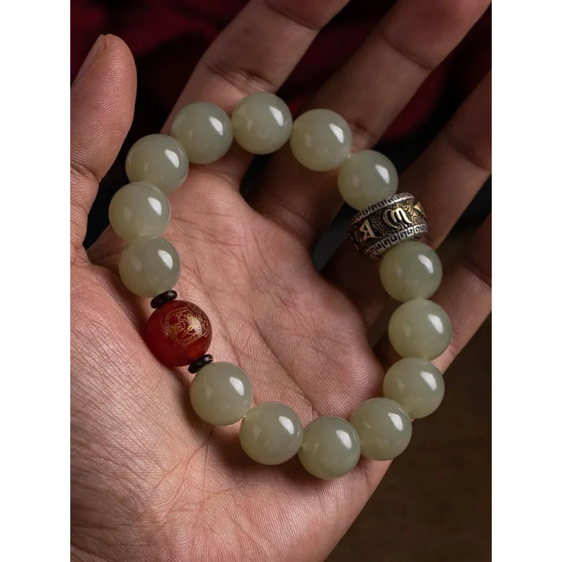 Rabbit Year Dazantang Hotan Jade Red Agate Zodiac Buddha Pure Silver Good Luck Bead Bracelet for Men and Women