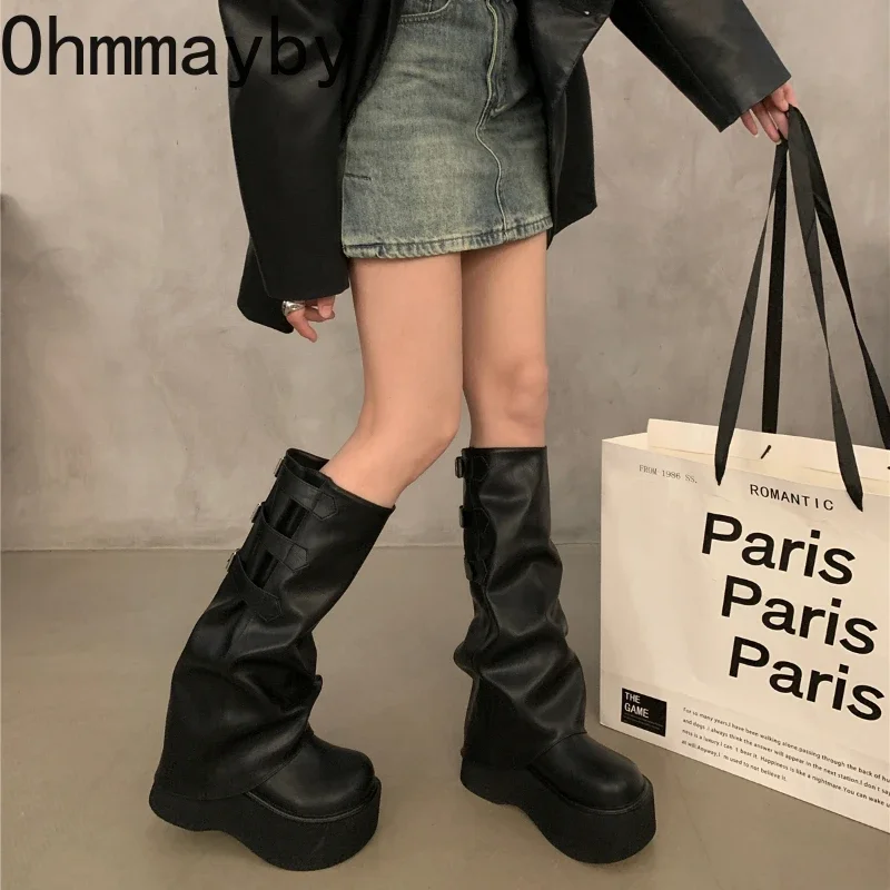 Punk Style Belt Buckle Long Knee-High Women Boots Fashion Platform Heels Shoes Autumn Winter Slip On Party Botas Mujer