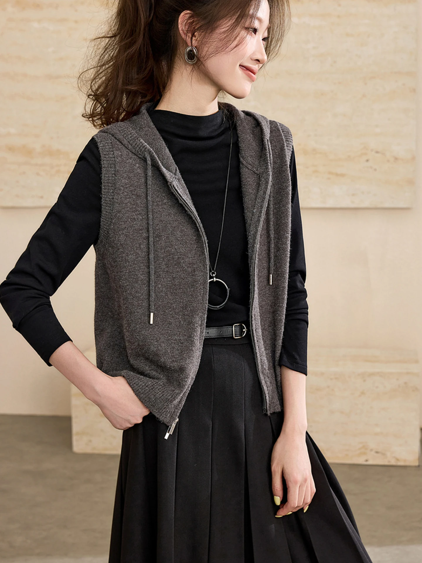 Gilet à capuche avec fermeture éclair colorée, nouveau Cardigan ouvert tricoté Simple, haut superposé, Faion pour femmes, automne 2025