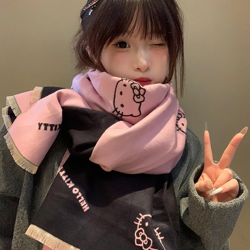 

Шарф Sanrio Hellokitty с рисунком милой кошечки, двусторонний шарф для женщин, осенне-зимний теплый универсальный шарф Kuromi
