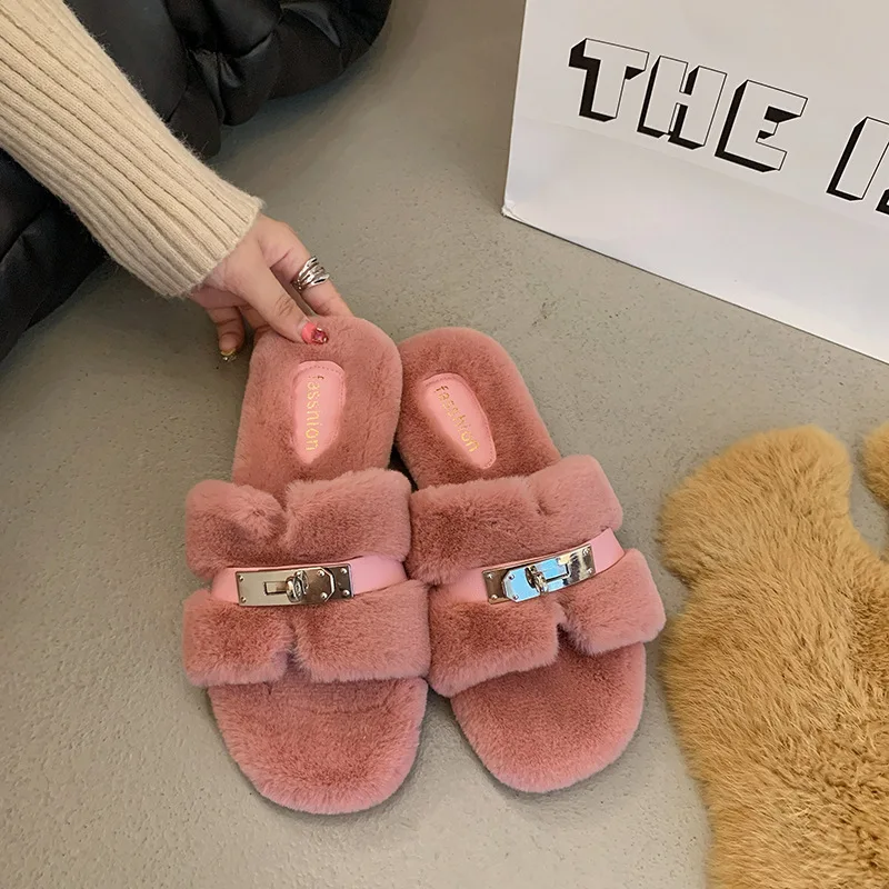 Autumn / Winter New Style Exposed Toe High-end Plush Women's Slippers Outdoor Fashionable Flat Slippers Metal Chain Cotton Shoes
