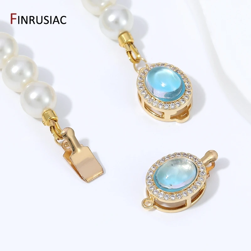 18K Gold Plated Brass Oval Opal Stone Box Clasp,Zircon Insert Clasp For Pearl Necklace Bracelet Jewelry Making Findings