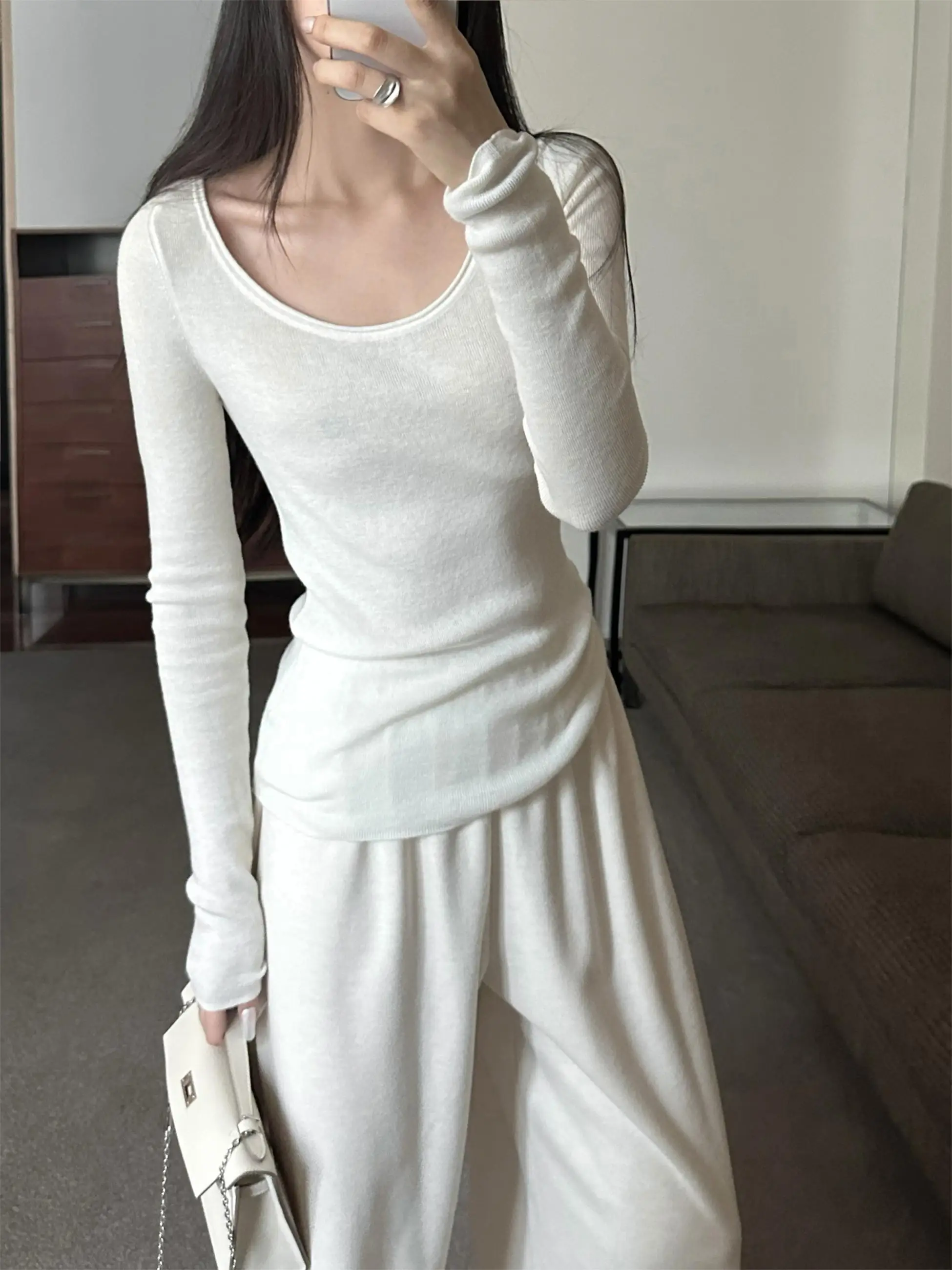 

5werkwen женская трикотажная футболка из смесовой шерсти, осень-зима, длинная круглая футболка Sve Ne, повседневная облегающая цветная футболка