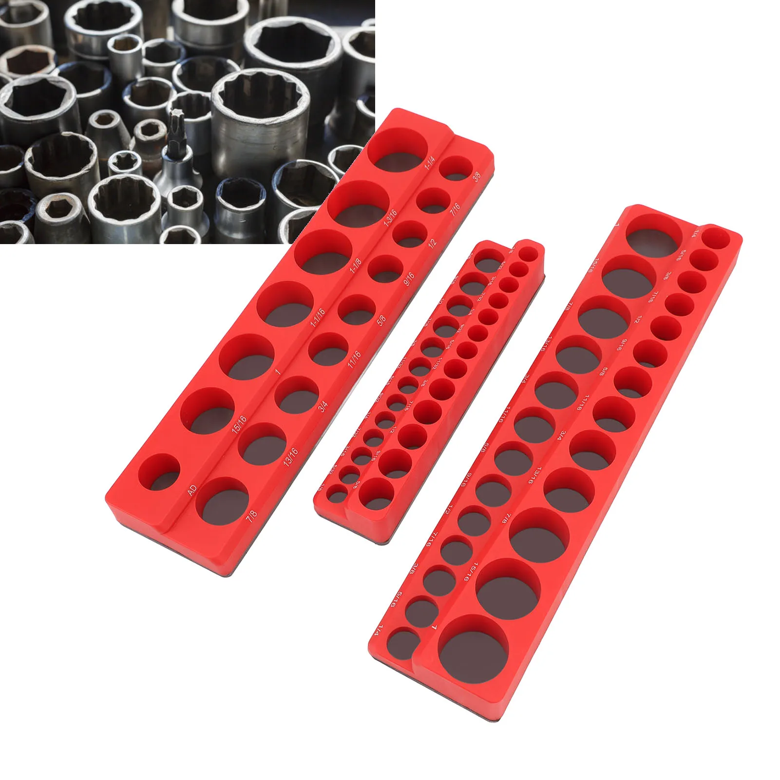 

3PCS Magnetic Socket Organizer Set 1/4in 3/8in 1/2in Drive Sockets Storage Tray Powerful Portable Socket Holder for Toolboxes