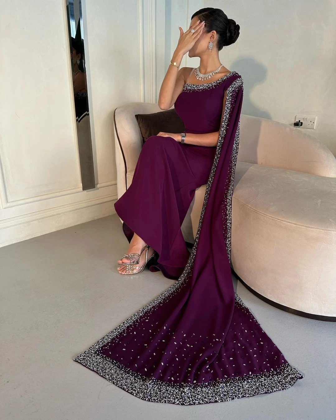 Elegant Evening Gowns One-Shoulder Sequined Mermaid Wedding Party Dress with Shawl Prom Dresses For Women فساتين مناسبة رسمية