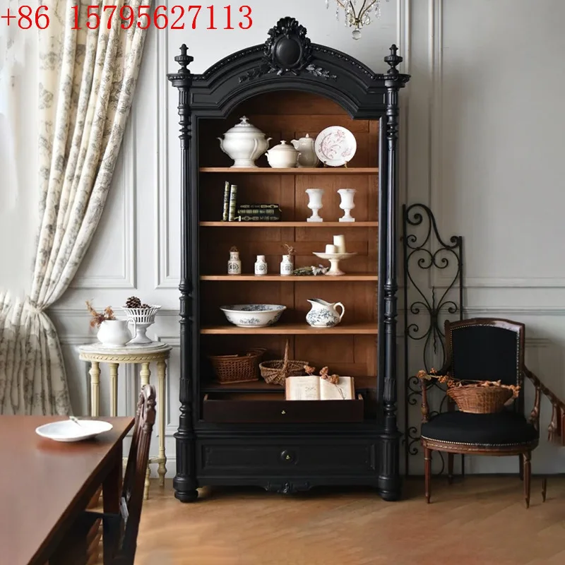 French retro solid wood dining side cabinet neoclassical carved bookcase wall storage cabinet