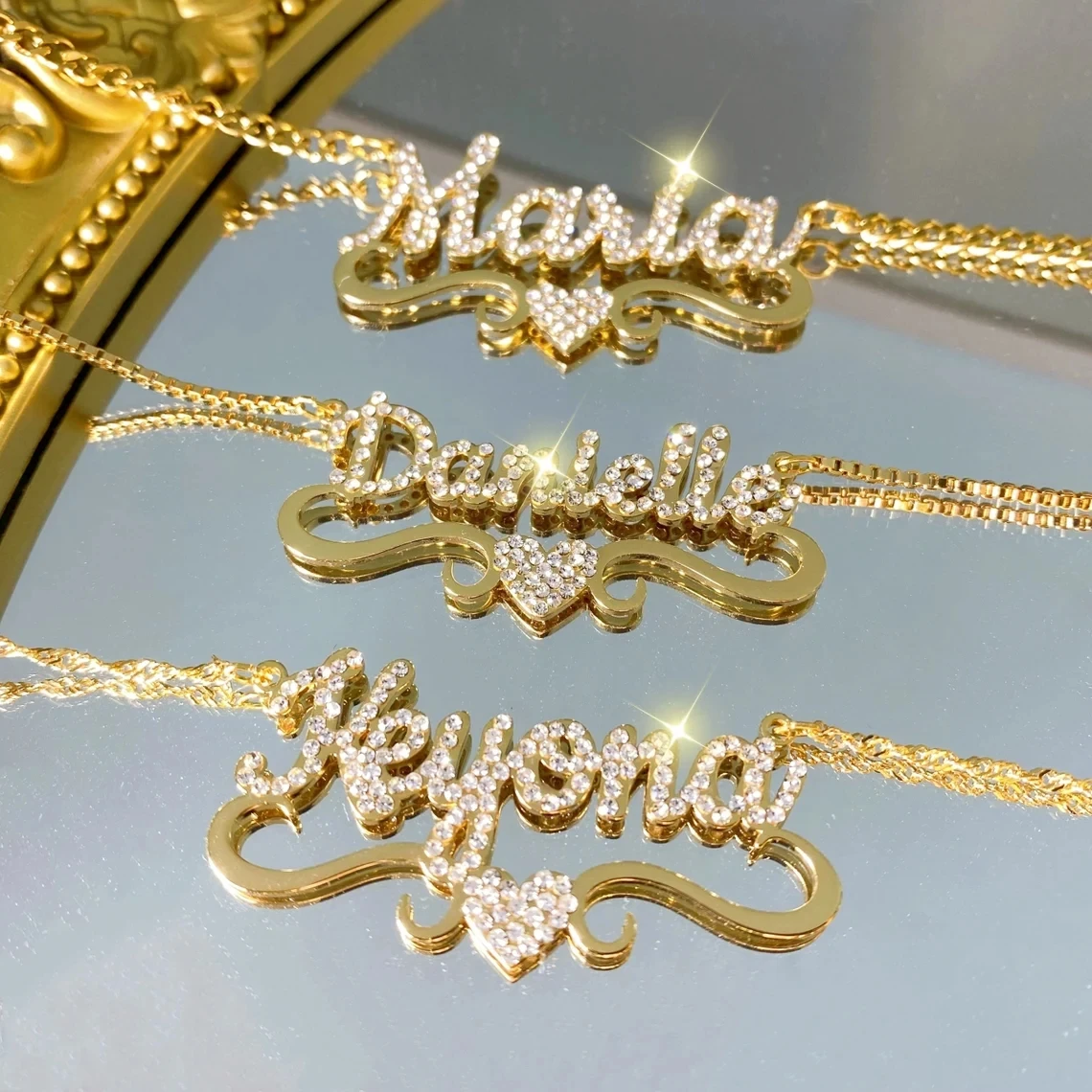 Personalized Custom Name Zircon Necklace for Women Stainless Steel Shiny Stone Heart Name Pendant Water Wave Chain Jewelry Gift