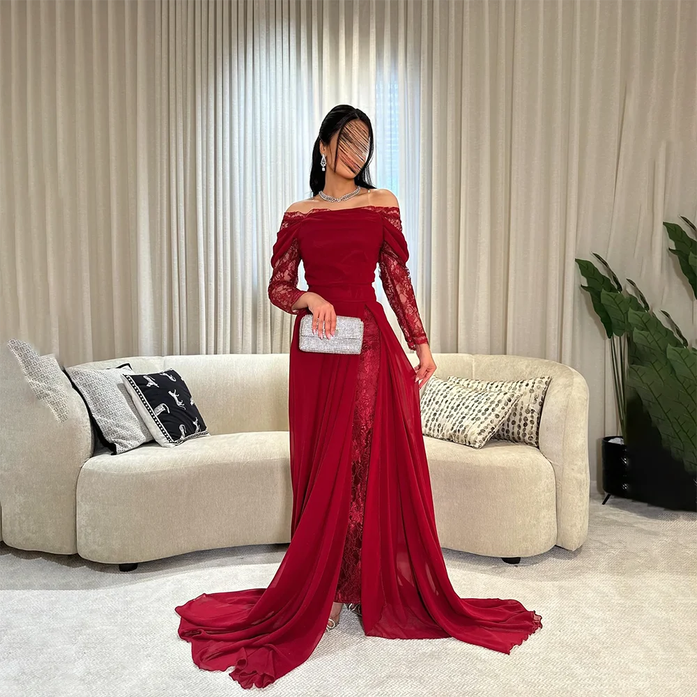 

Wine Red Evening Dress Lace Long Sleeves Off Shoulder A Line Prom Gown Thigh Slit Floor Length Elegant Party Dress Customized