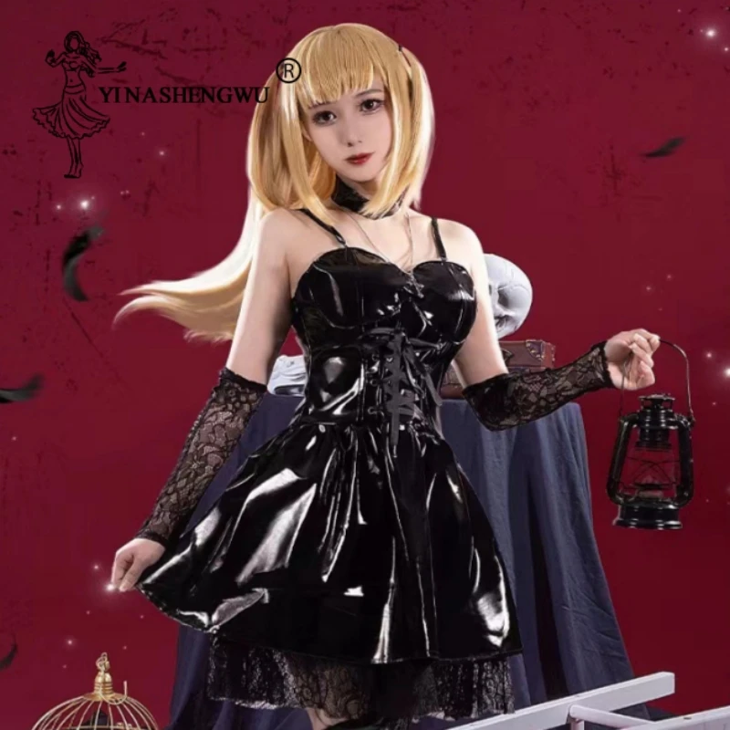 Misa-Death Note Cosplay para Mulheres, Roupas Anime, Vestido Sexy, Peruca Preta, Meias de Renda, Uniforme Halloween, Colar Cruz, Roupa