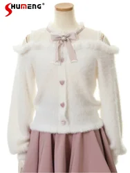 Doce lolita roupas de inverno mulheres fora do ombro suéteres feminino estudante elegante manga longa malhas arco renda cintura camisola fina