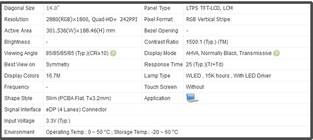 B140QAN04.H 14 inch LCD Screen Display Slim IPS Panel QHD 2880x1800 Non-touch