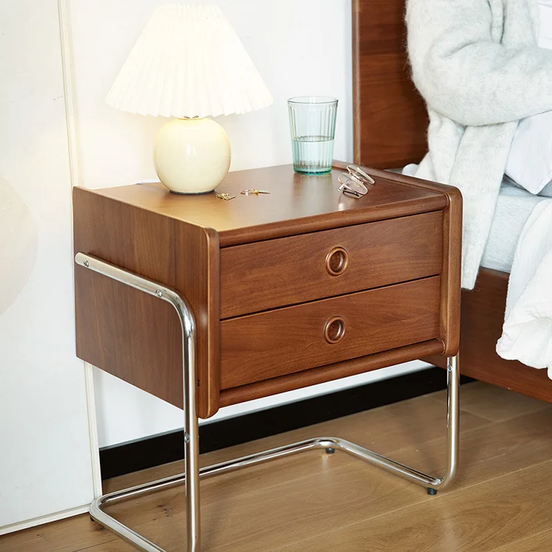 Modern Minimalist Bedside Table Solid Wood Bedroom Light Luxury Drawer Cabinet Stainless Steel Simple Storage Rack