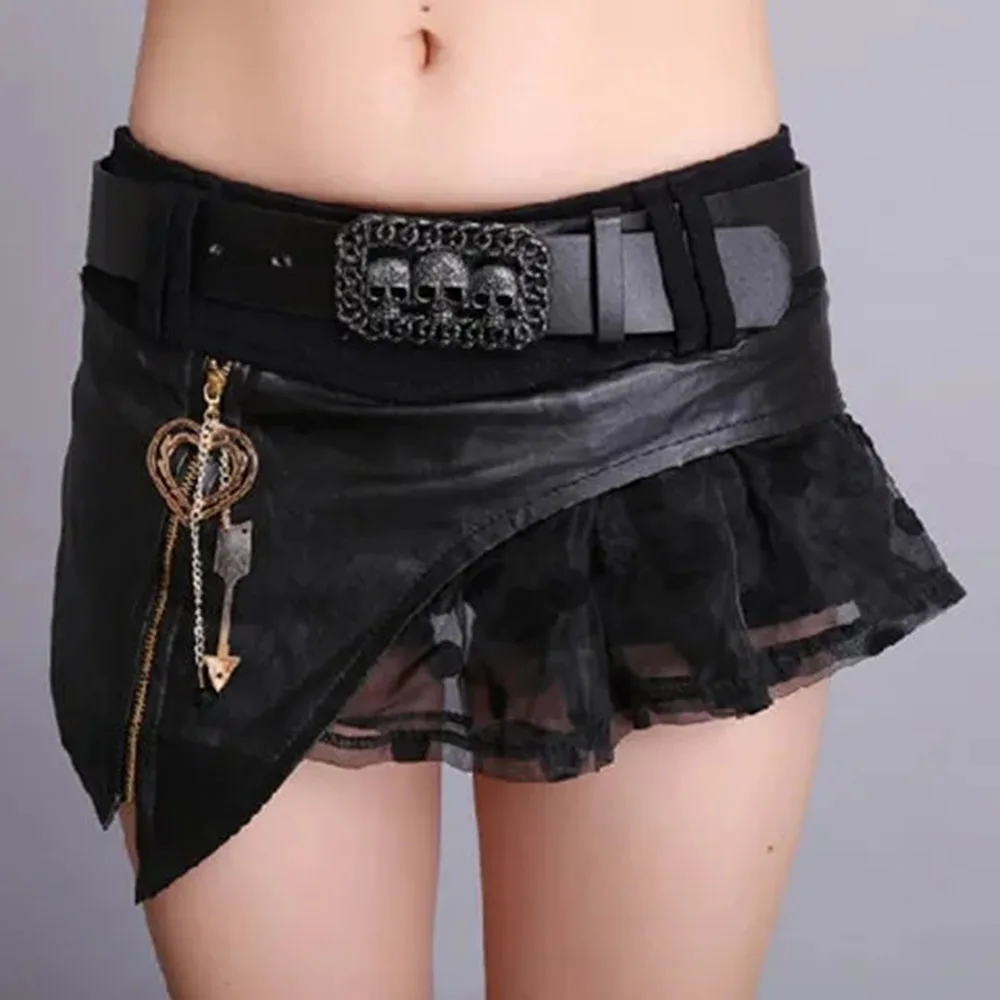 Women's American Lace Splice Skirt Ultra Short Denim Skirts Sexy Nightclub Wrap Hip Skirt Female With Chain Fluffy Fluffy Faldas