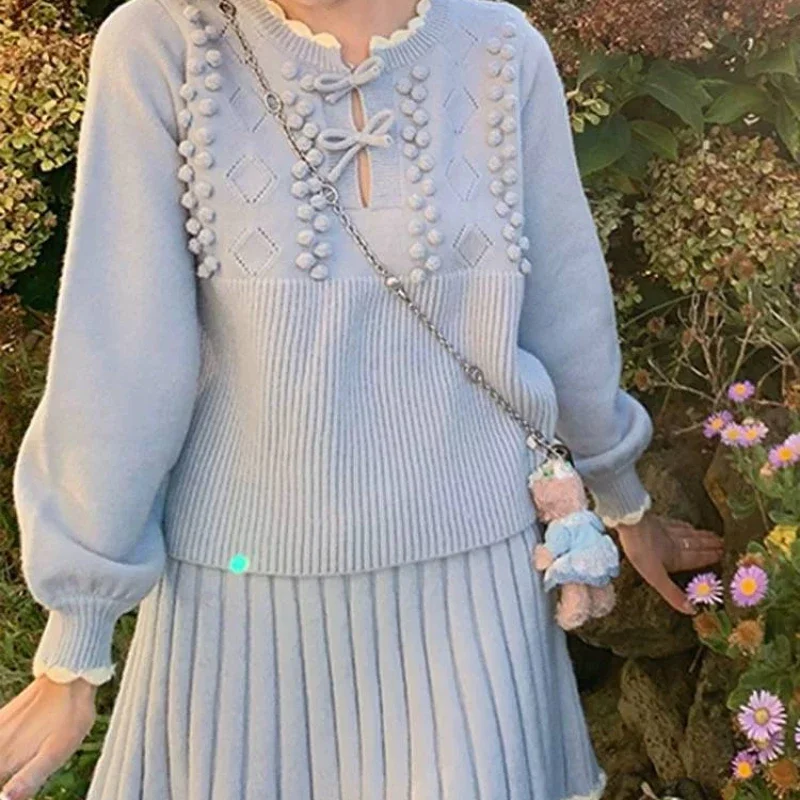 Y2k Elegant Knitted Skirt Suits Kawaii Women Long-sleeved O-neck Pullover Sweater Tops with Mini High Waist Pleated Lace Skirts