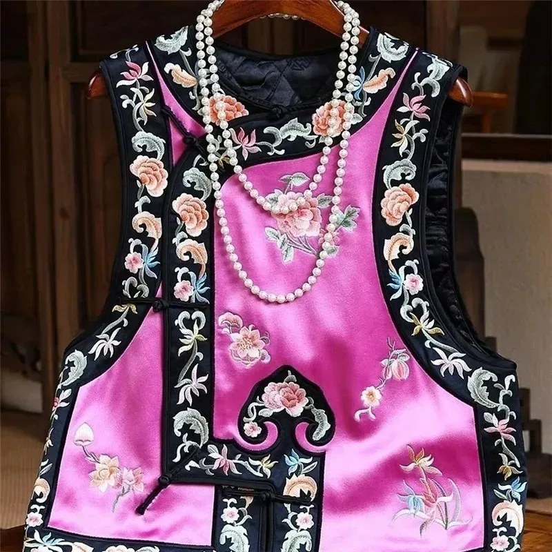 

Chinese Style Floral Pinting Cotton Vest Women Vintage Buckle Tank Tops Loose Womens Sleeveless Cotton Women's Clothing