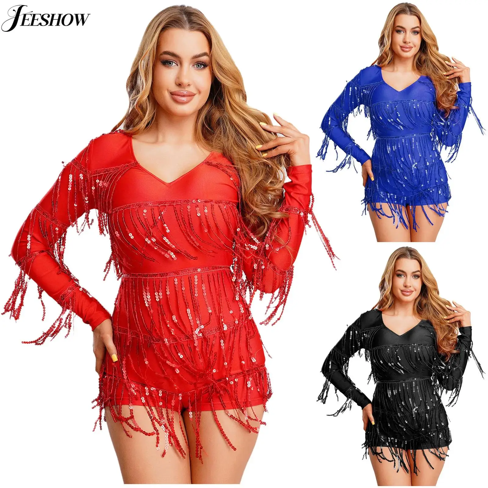 

Womens Shiny Sequins Fringed Rompers V Neck Long Sleeve Slim Fit Playsuit Jumpsuit Tiered Tassel Bodysuit Dance Party Clubwear