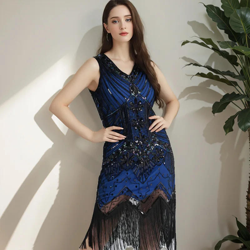 Europe and America Glamorous Sequin Beaded Fringe Dress Vintage Sleeveless V Neck Fashion Prom Evening Gown Wedding Party