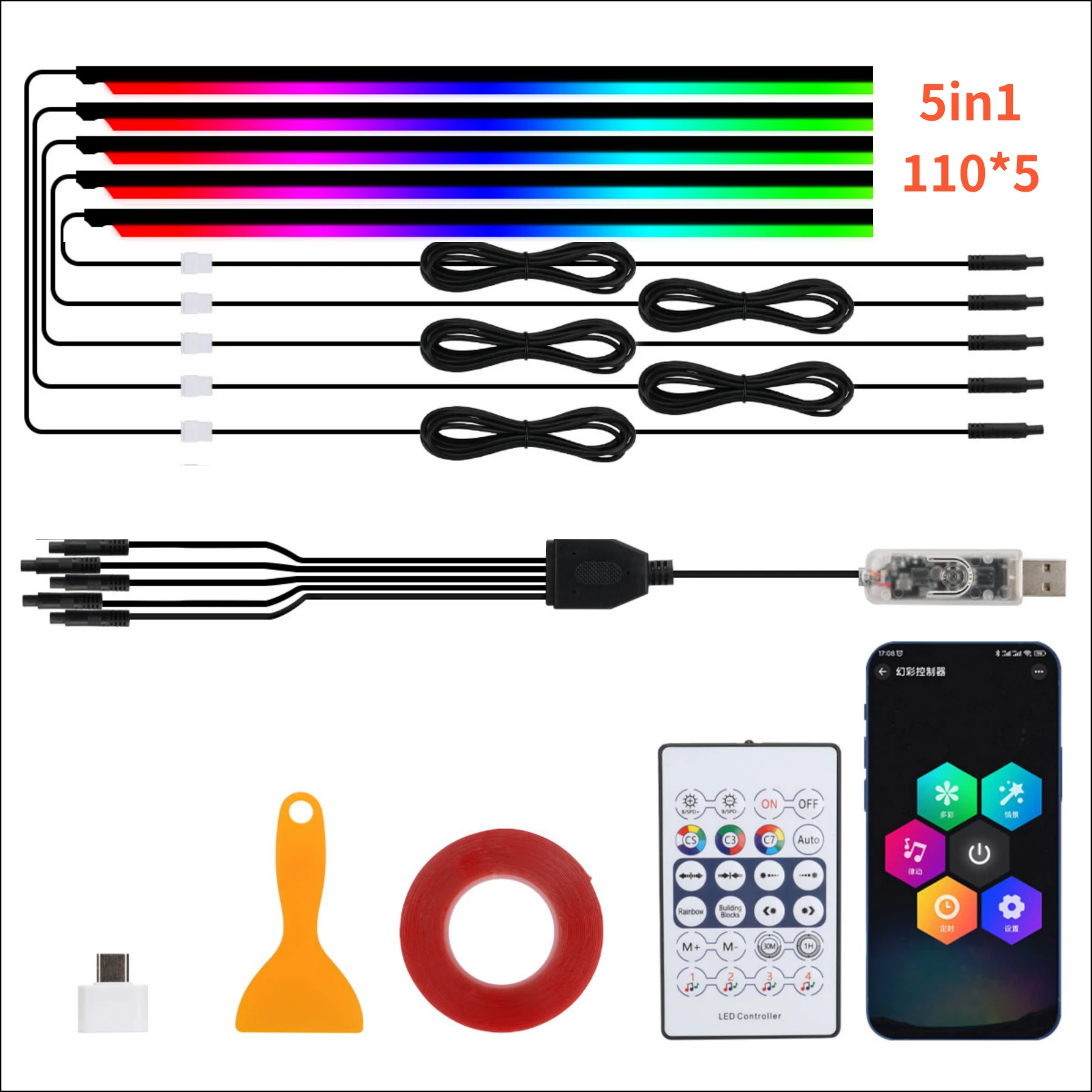 NONE 110 cm 43,31 "Auto Schiebedach Umgebungslichter LED Dachfenster Symphony RGB Innen Acryl Streifen Dekoration USB APP Fernbedienung 7