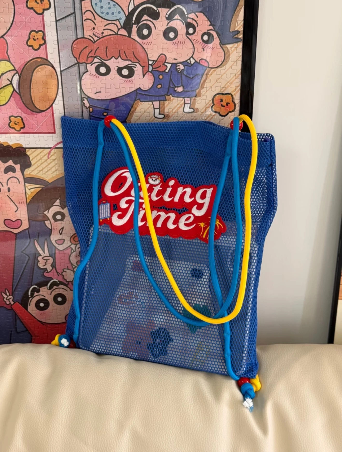 

Blue Mesh Square Bag for Beach Holiday Sturdy Beaded Handle Rope Strap Tote Sporty Swimming Bag Clothing Toy Storage